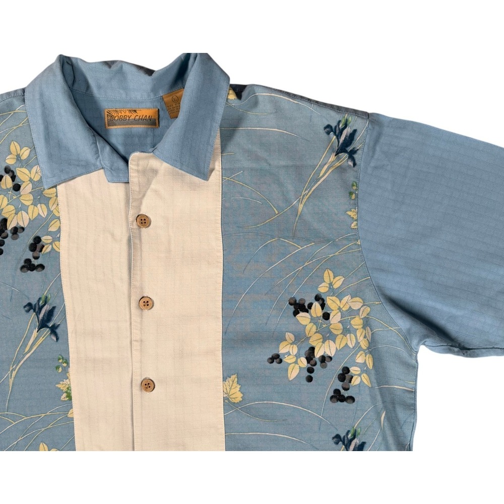 Bobby Chan Silk Shirt Large 100% Silk Blue Floral Embroidered Camp Casual